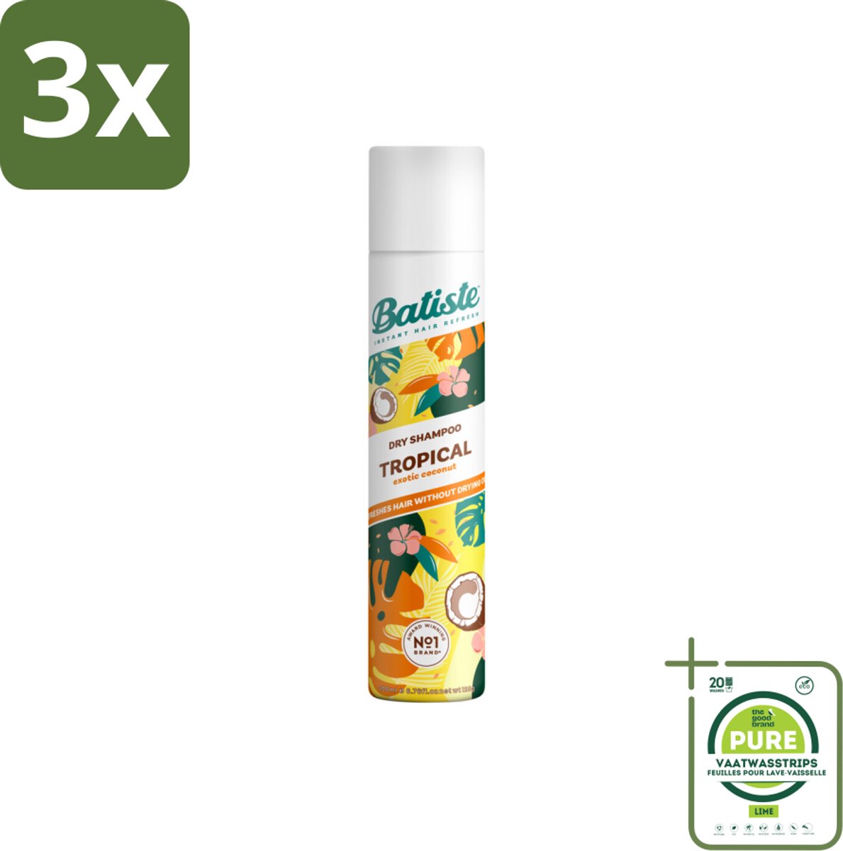 3 x Batiste - Tropical - Droogshampoo - Tropische Geur - Verfrist en Stylet - 200ml - Grootverpakking - Droogshampoo - Tropical Geur - Kokos - Exotische Geur - Fris Haar
