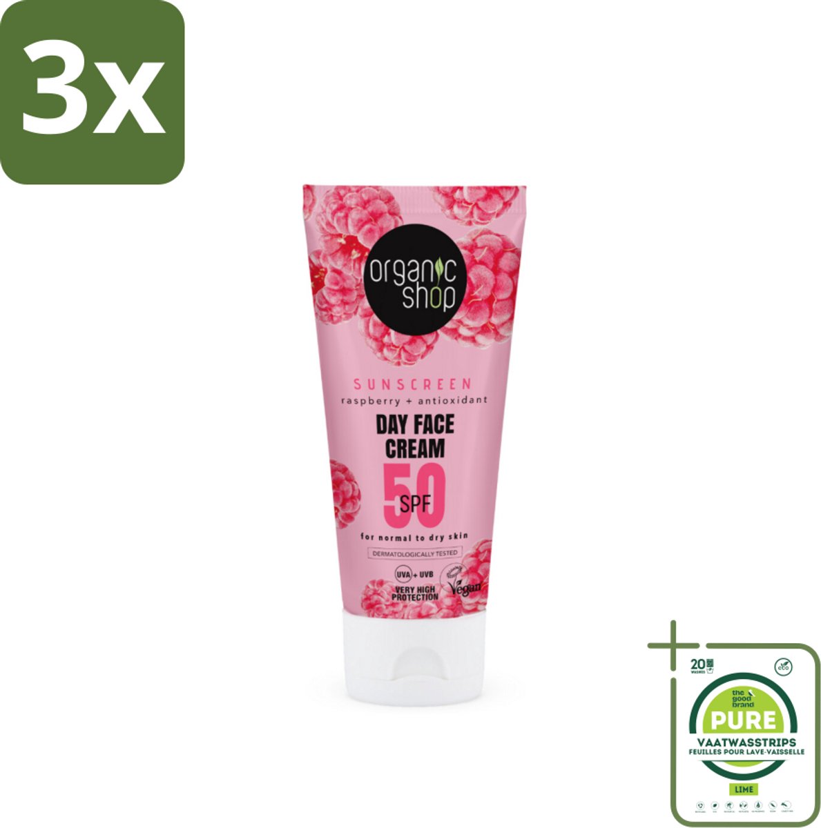 3 x Organic Shop - Zonnebrandcrème Gezicht SPF 50 - Normale Huid - 50 ml - Grootverpakking - Zonnebrandcrème - Gezichtscrème - SPF 50 - Droge Huid - Normale Huid