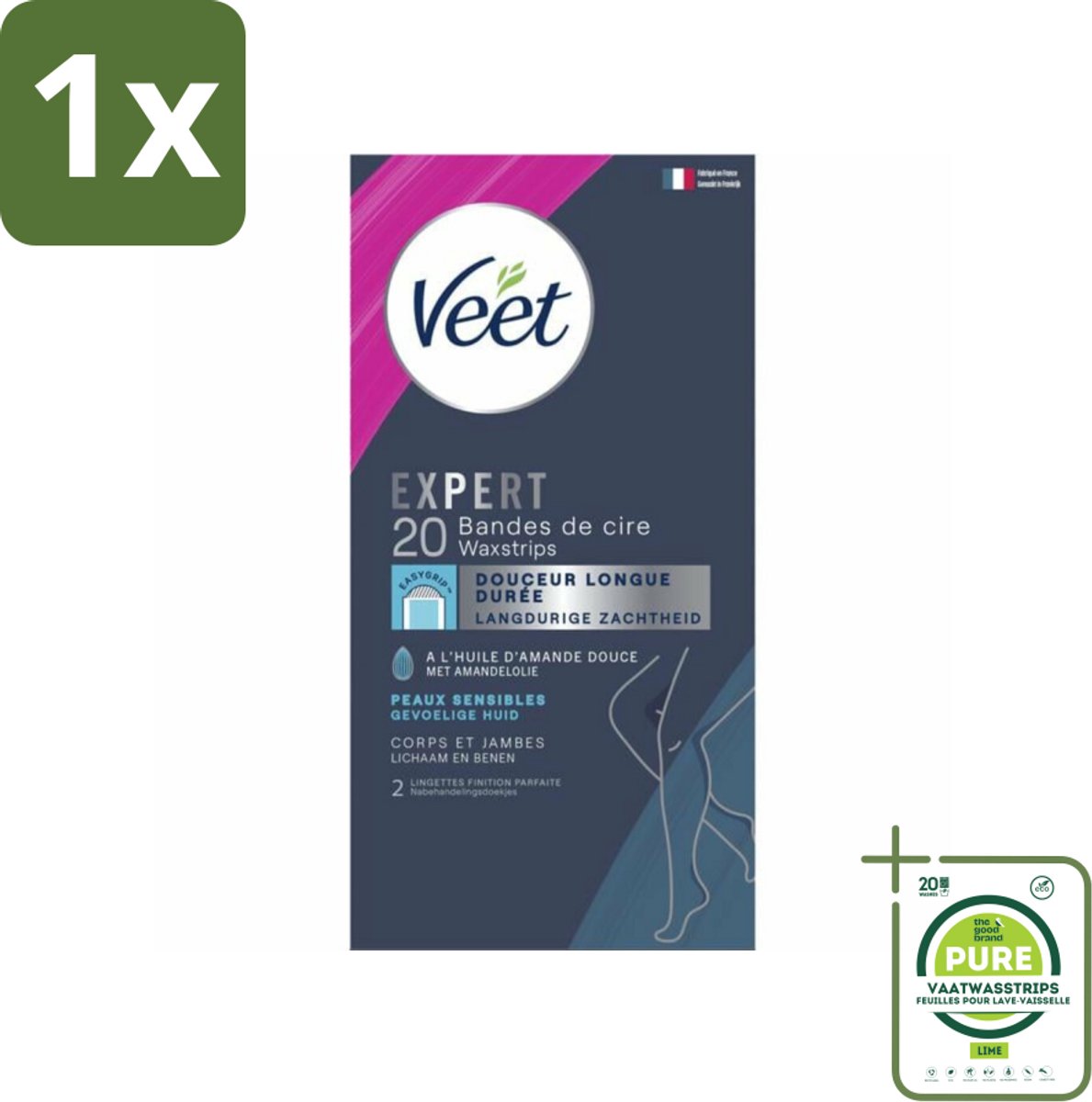 1 x Veet Expert - Ontharingsstrips - Lichaam & Benen - Gevoelige Huid - 20 strips - Ontharingsstrips - Ontharing Benen - Ontharing Lichaam - Gevoelige Huid - Amandelolie