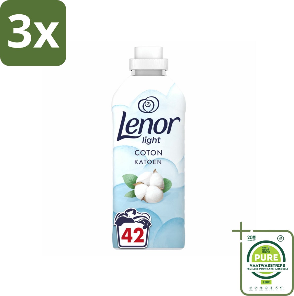 3 x Lenor Light - Wasverzachter - Katoen - Fris & Zacht - 42 Wasbeurten - Grootverpakking - Wasverzachter - Katoen - Frisheid - Zachtheid - Geur