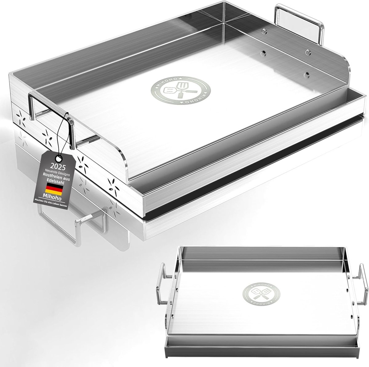 Universele BBQ Grillplaat Zilver 44 x 32 5 x 5 6 cm RVS Plancha met Gelijkmatige Warmteverdeling Voor Gas- en Houtskoolbarbecues