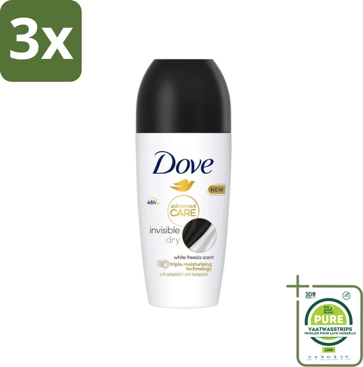 3 x Dove Deodorant Roller - Invisible Dry - 50 ml - Grootverpakking - Deodorant - Antitranspirant - Dove - Invisible Dry - 48 Uur Bescherming