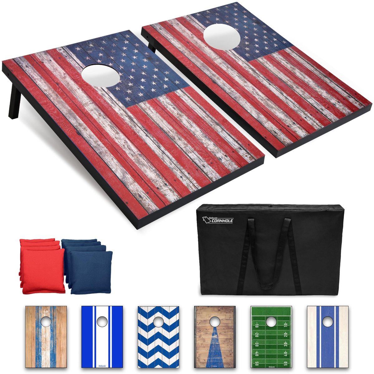 SnelShoppen - Cornhole-set met Amerikaanse vlag en houten plankontwerp - 2 borden 3' x 2', 8 zitzakken, draagtas, spelregels, rood/blauw - Perfect voo