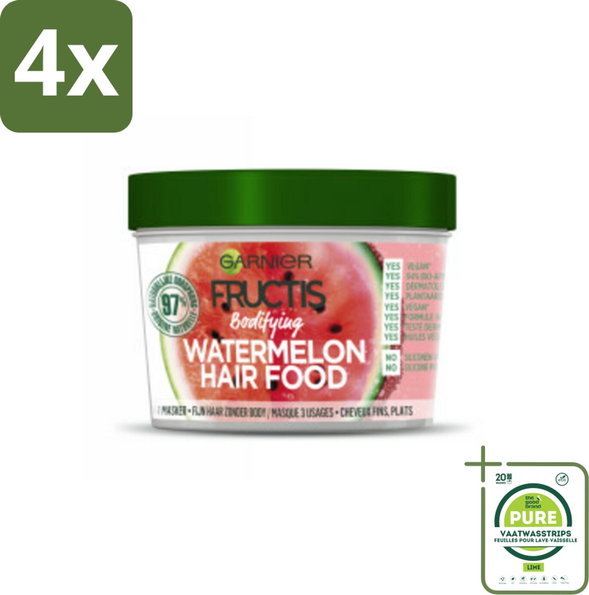 Garnier - Fructis Hair Food Watermelon - 3-in-1 Haarmasker - Futloos Haar - 400 ml - Voordeelverpakking - 4 stuks - Haar masker - Haarmasker