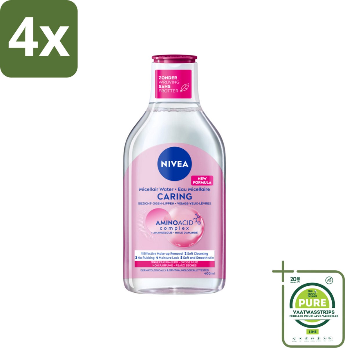 NIVEA - Micellair Water - Essentials Verzachtend & Verzorgend - Voor droge huid - Met Amandelolie & Aminozuren - 400 ml - Voordeelverpakking - 4 stuks - Micellair water - Reinigingswater
