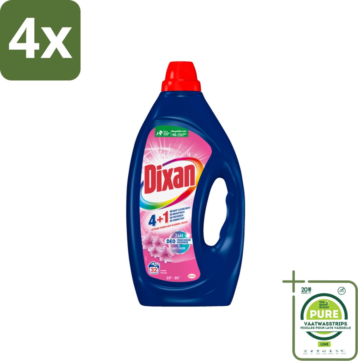 Dixan - Vloeibaar wasmiddel - Fresh Pink - 32 wasbeurten - Voordeelverpakking - 4 stuks - Dixan wasmiddel - Vloeibaar wasmiddel