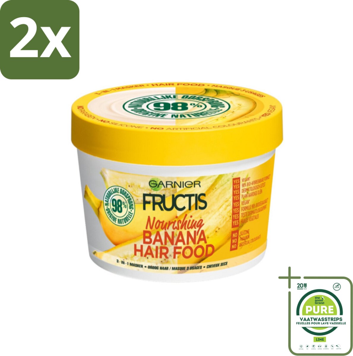 Garnier - Fructis Hair Food Banana - 3-in-1 Haarmasker - Voedend - Droog Haar - 400 ml - Voordeelverpakking - 2 stuks - Haar masker - Kokosmelk masker