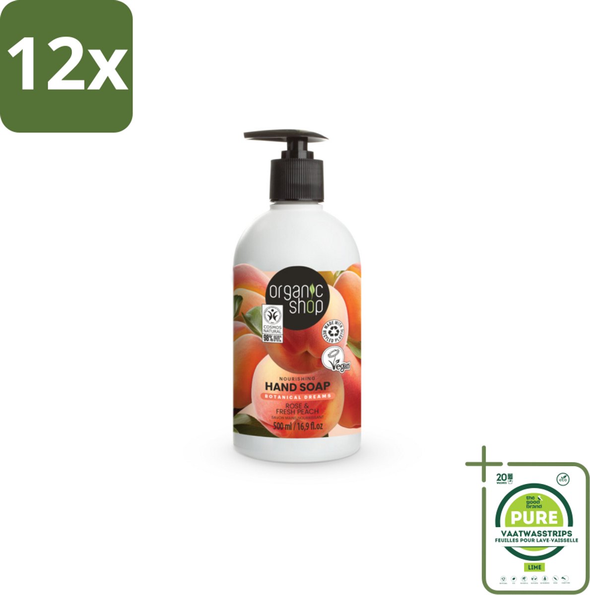 Organic Shop - Handzeep Rose & Peach - Verzorgend en Hydraterend - 500 ml - Voordeelverpakking - 12 stuks - Biologische handzeep - Handzeep rozen