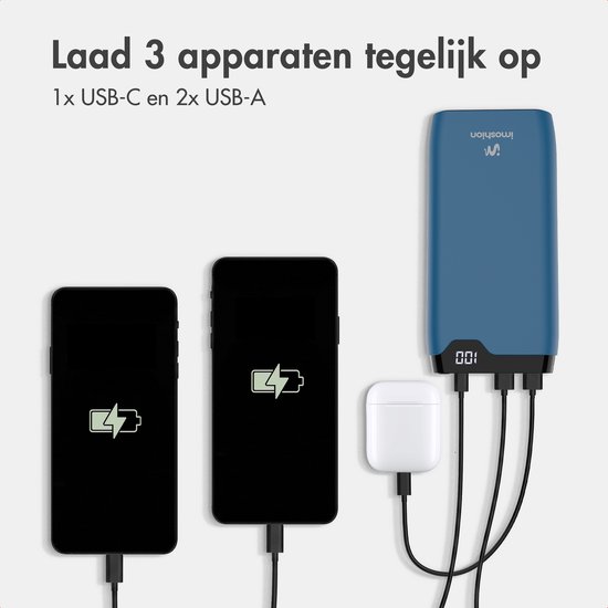 Blauwe powerbank van 20.000 mAh laadt 3 apparaten tegelijk op: 1x USB-C en 2x USB-A.