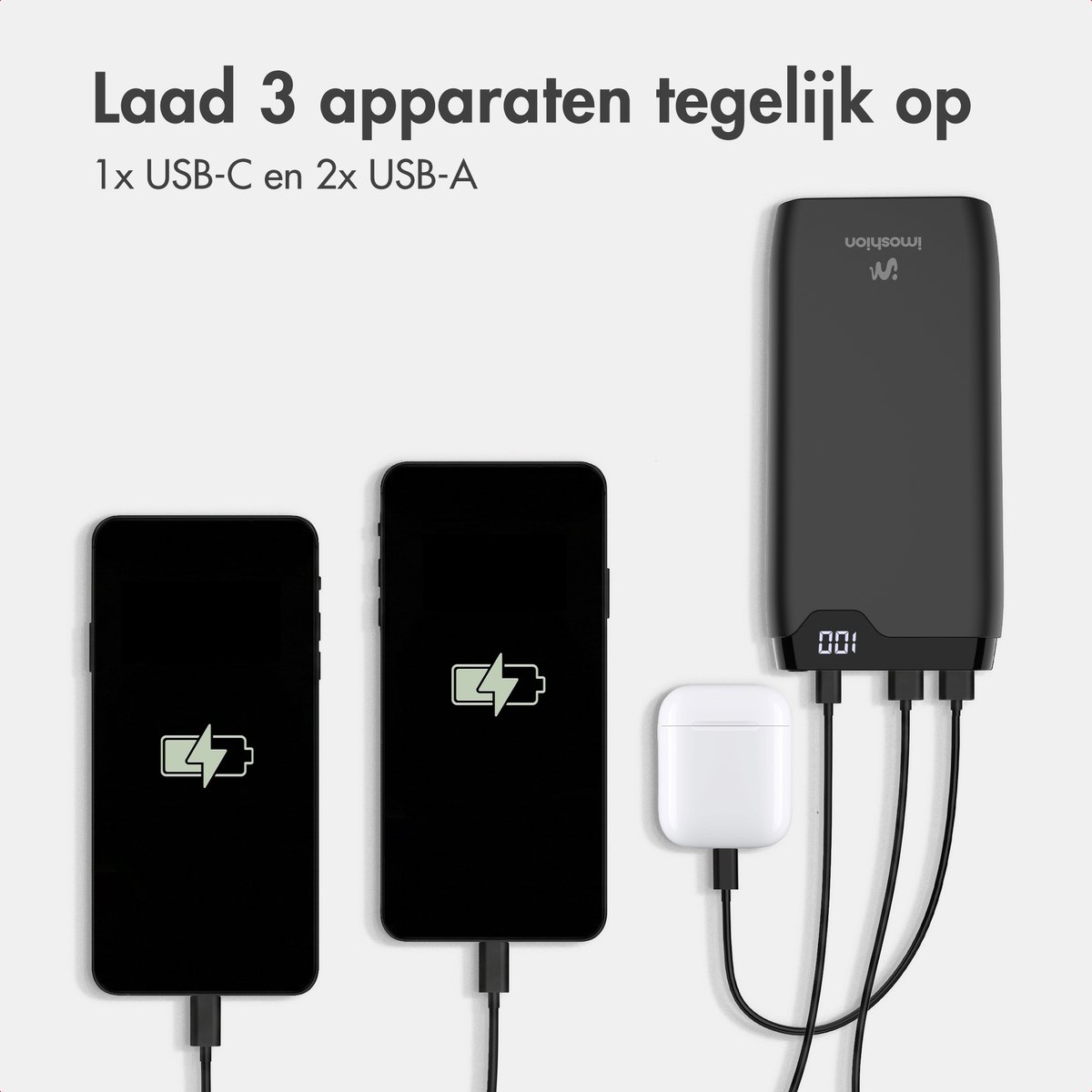 imoshion® Powerbank 20000 mAh - 22.5W Snellader - USB C / USB A - LED Display - Powerbanks - Universeel - Noodpakket - Zwart — cadeau in Telefoon & Tablet - foto 7