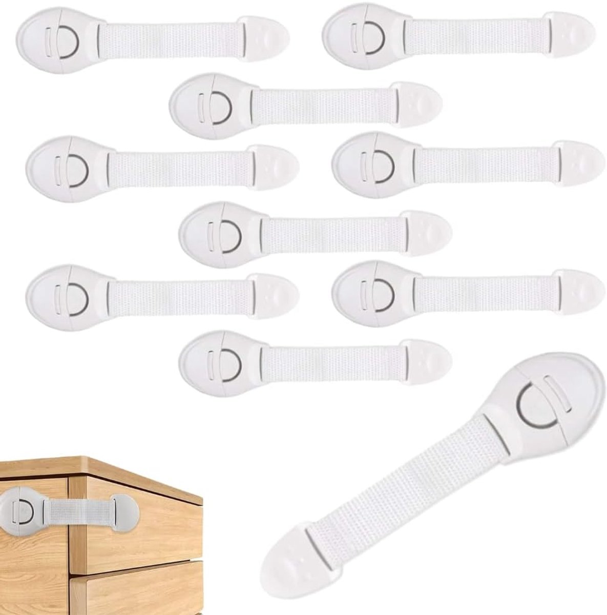 SnelShoppen - Veiligheidsloten voor Kinderen, Kastdeuren, Lades, Keukenkasten, Eenvoudige Installatie, 3 Meter, Verstelbare Band, 10 Stuks
