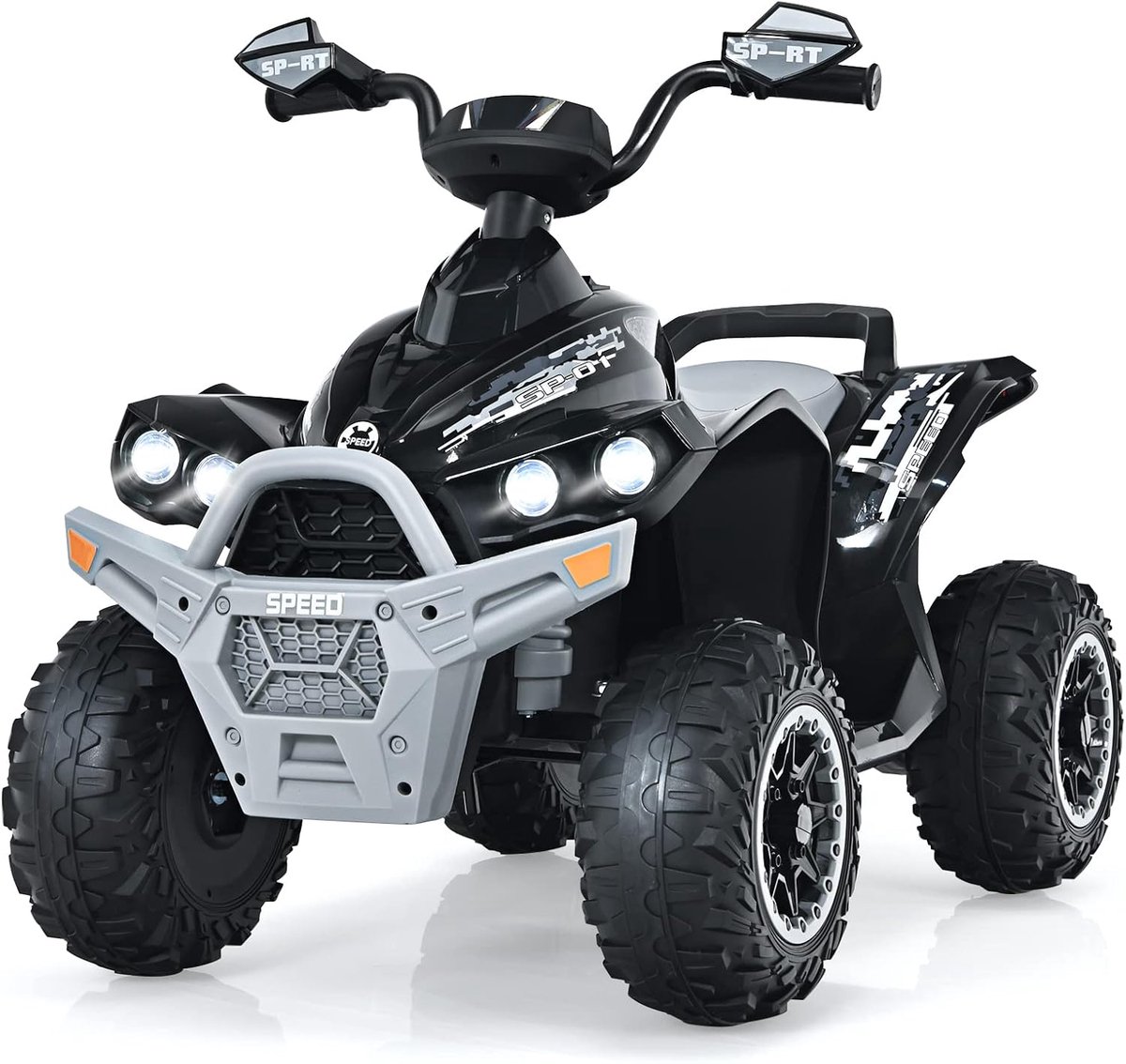 COSTWAY 12V Elektrische Kinderquad, Elektrische quad met muziek, claxon & LED-koplampen, Kinderquad 2,2-4,3 km/u, Kinderauto voor peuters vanaf 3 jaar (Zwart+Grijs)