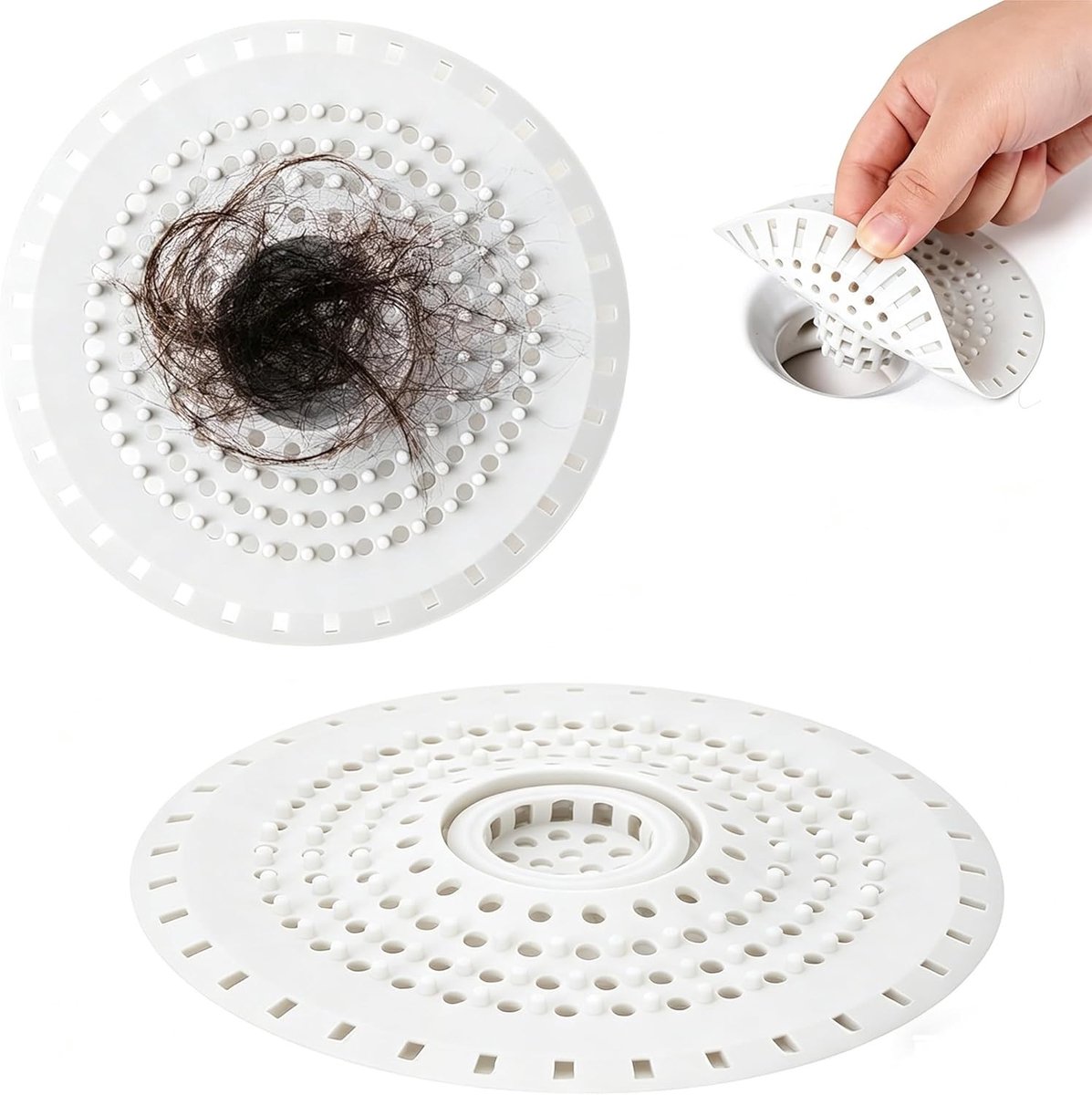 Set van 2 witte siliconen gootsteenzeven voor badkamer en keuken, haarvanger en afvoerafdekking, effectief tegen verstoppingen en eenvoudig te reinigen