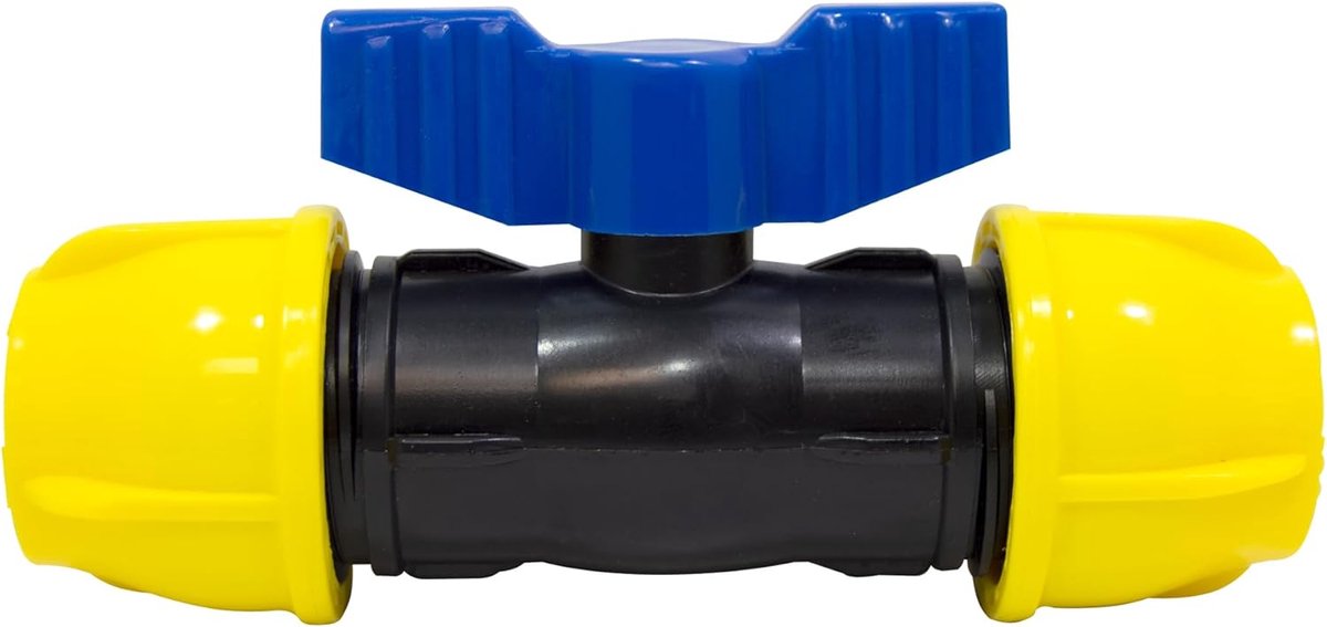 SnelShoppen - 25 mm Kogelklep met Gelijke Openingen, Polyethyleen Aansluiting in Geel en Zwart | Opening en Sluitklep voor 25 mm Irrigatiebuizen Gesch