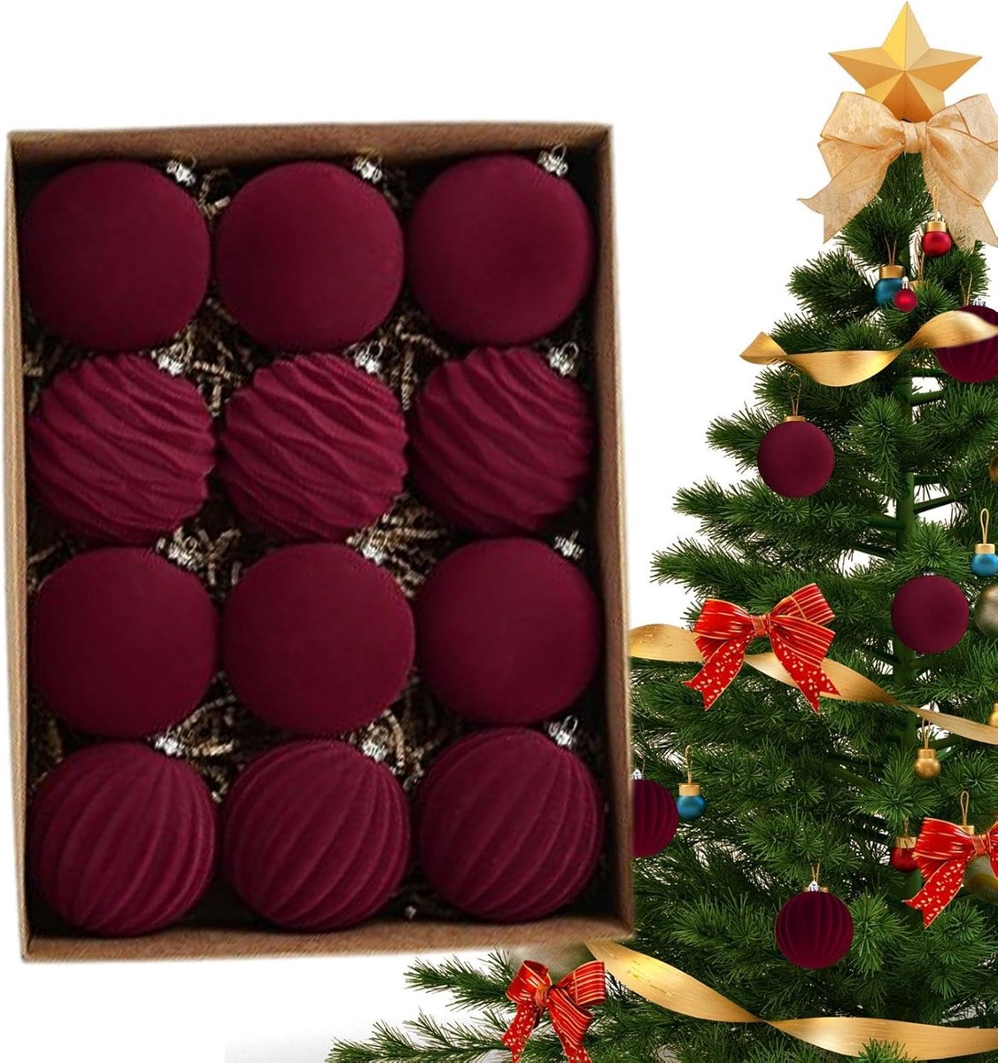 12 Kerstballen, fluwelen kerstversieringen, boomversieringen, hangende ornamenten, onbreekbare kerstballen, feestelijke woondecoratie