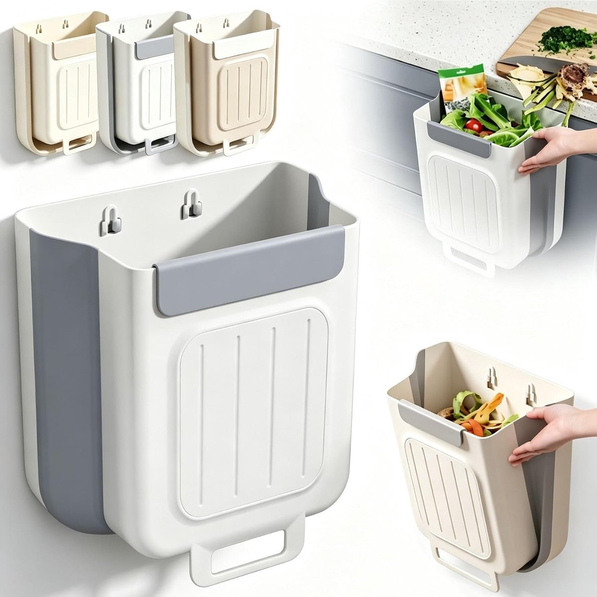Bobypet - Prullenbak - Keuken prullenbak - 10L - Opvouwbare prullenbak - Prullenbak keukenkastje - Ophangbaar - Ruimtebesparend - Zonder boren - Voor keukenkastje en aanrecht - M-27.5*25*8.3cm - Grijs-wit