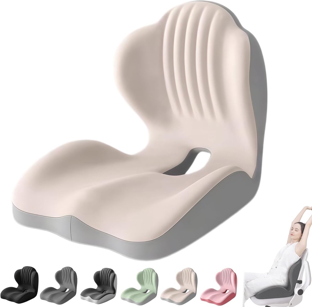 Bobypet - Zitkussen - Lendensteun - Orthopedisch zitkussen - Rugkussen - Traagschuim - Ergonomisch - L-vorm - Voor bureaustoel, auto en rolstoel - Stuitje ontlasting - 40*44*37cm - Beige-grijs (tweekleurig)