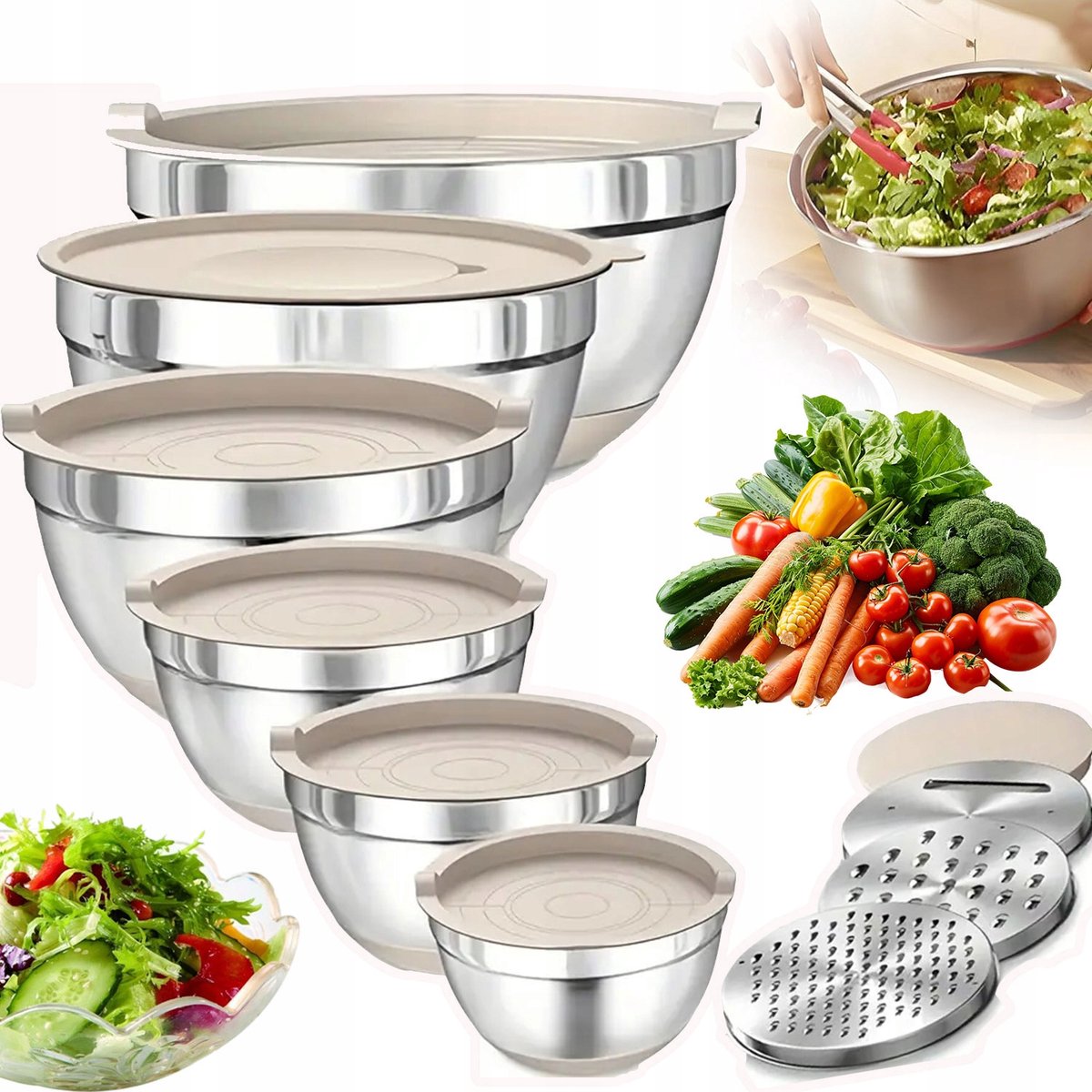 Mengkommenset, Saladekom, Roestvrij Staal, Keukengadgets Van 9 Stuks, Maten 6,5l / 3l / 2,35l / 1,85l / 1,4l / 1l
