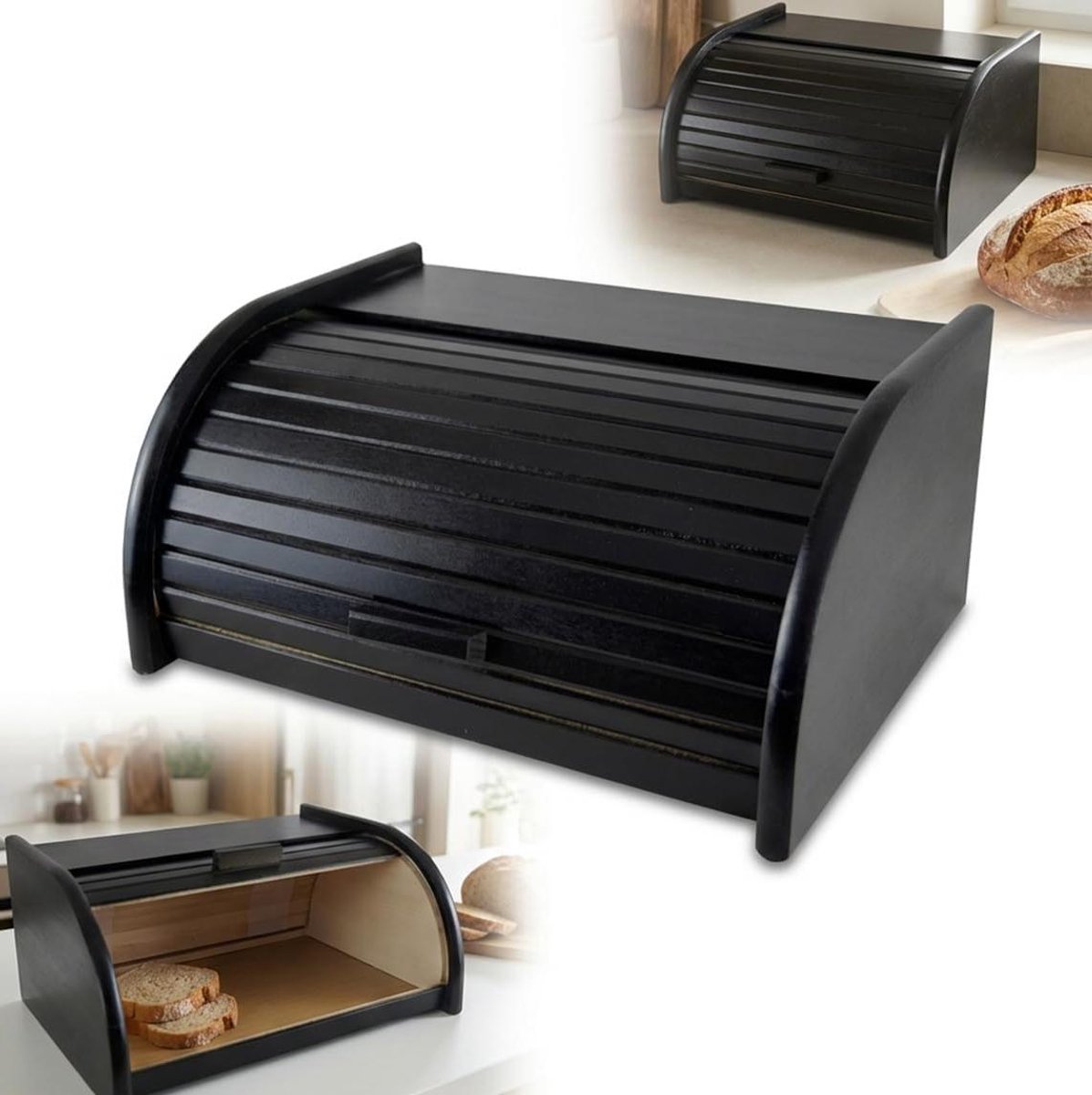 Broodtrommel Hout - Brooddoos Opslag - Brood Bewaren - Traditioneel Ontwerp - 40x29x18 cm - Zwart