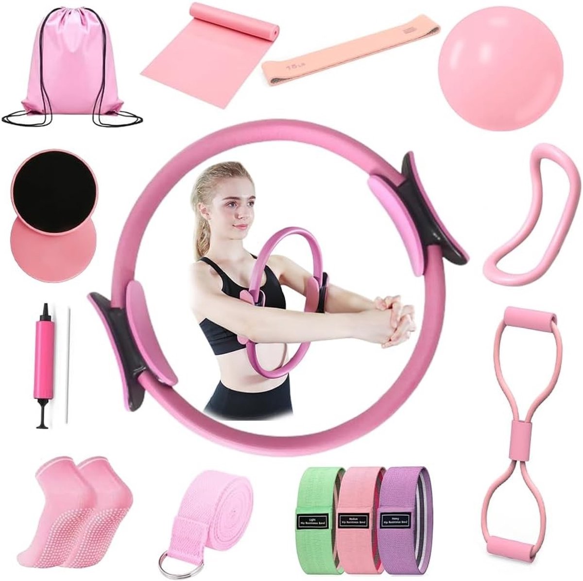 Complete Pilates Set voor Thuis, 15-delige Kit met Pilates Ring, Yoga Bal, Fitness Bands en Yoga Band voor Kracht, Flexibiliteit en Ontspanning