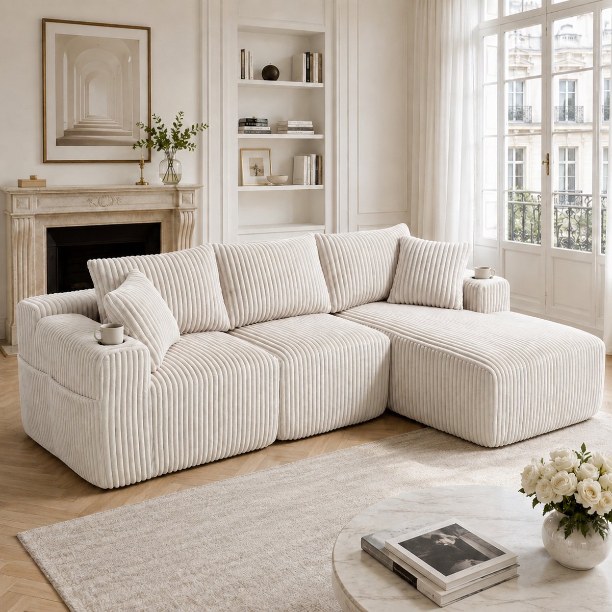Modulaire 3-Zitsbank Ribstof Beige - Hoekbank Met Chaise Longue, Kussens En Bekerhouder