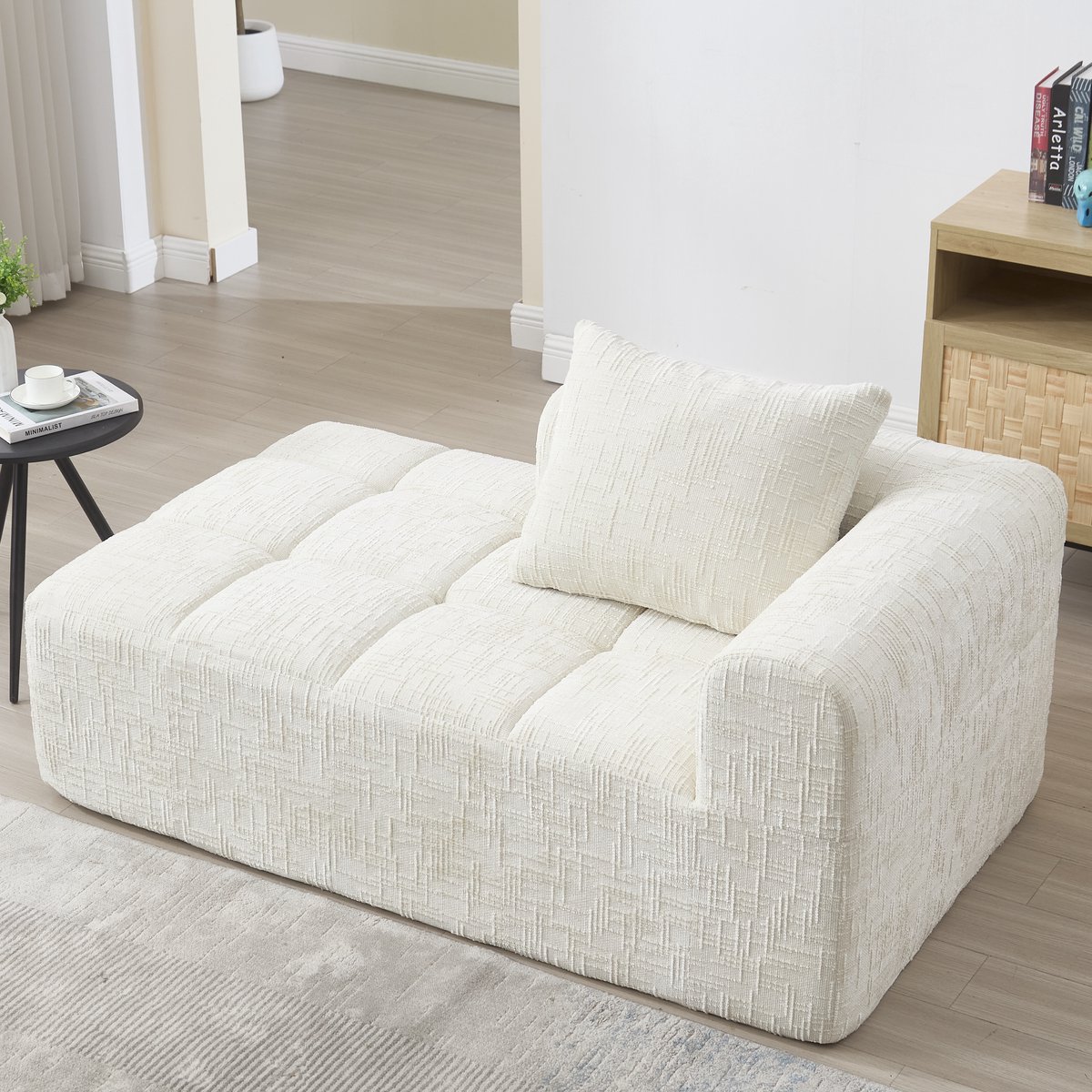 Lounge Fauteuil Chenille Beige - Chaise Longue Stoel Met Zijvak En Kussen