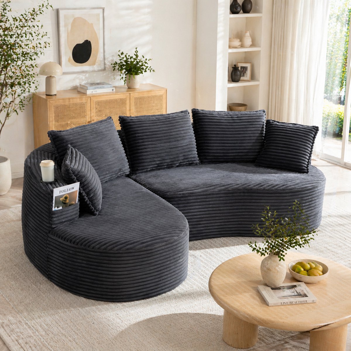 3 Zitsbank Corduroy - Moderne Lounge Bank Met Bekerhouder En Opbergvak Donkergrijs