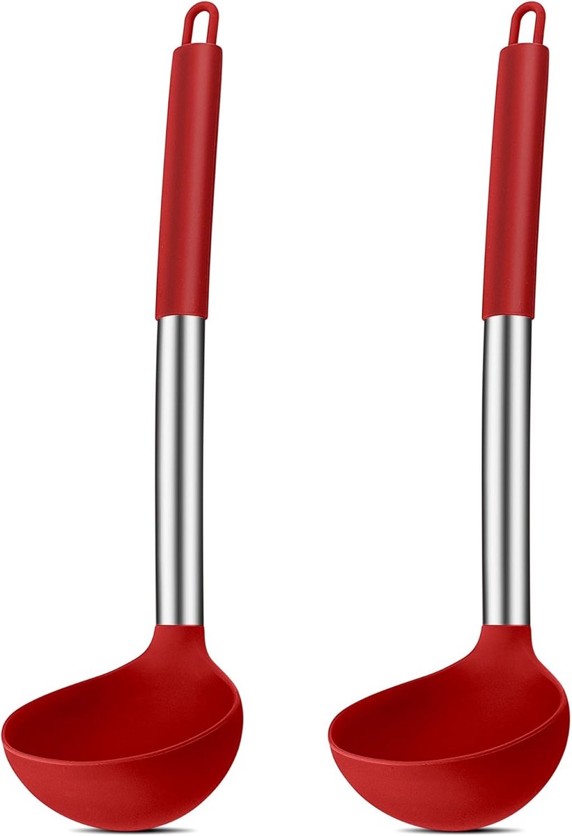 SnelShoppen - Soeplepel Set van 2 - Silicone Soeplepels met Rvs Handvat - 30cm Kooklepel voor Roeren en Serveer - Gezond en Antiaanbak - Rood