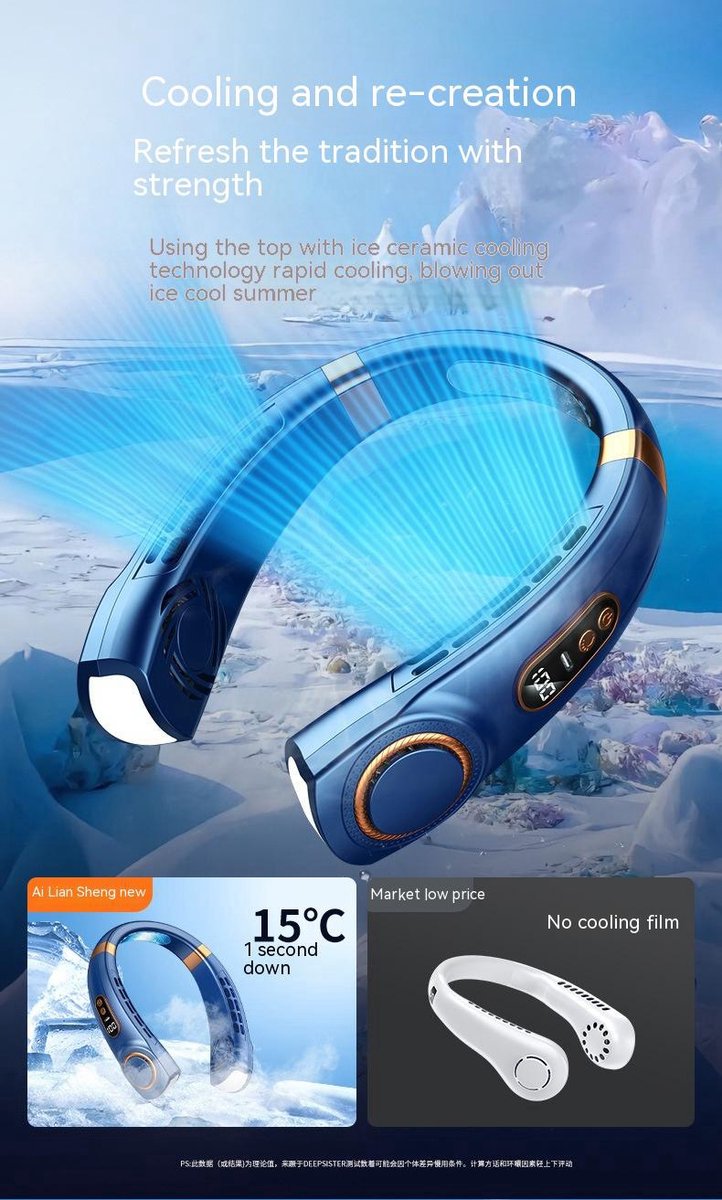 Nekventilator met Semiconductor Koeling - Draagbare Neck Fan - 5 Snelheden - LED Display - USB-C Oplaadbaar - Handsfree Aircooler - Blauw