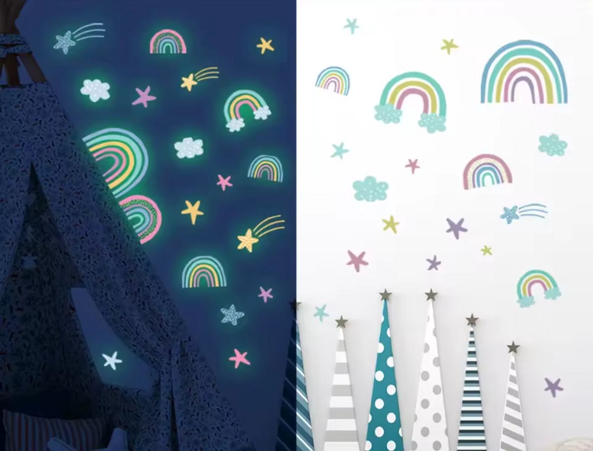 New Age Devi - Creëer een magische sfeer met onze Glow in the Dark muurstickers voor de kinderkamer - Sterren en Regenboog - Perfect als kindercadeau!