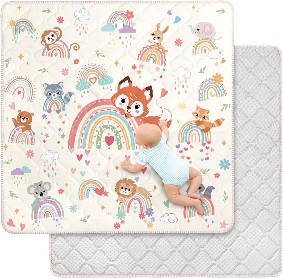 decalsweet Speeltapijt voor kinderen, 127 x 127 cm, 2 cm dik, antislip, opvouwbaar, dieren in regenboogkleuren