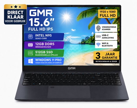 GMR 15.6 inch Full HD laptop met Windows 11 Pro, Intel N95, 12GB DDR5 RAM en 512GB SSD. Met vingerafdrukscanner. Scherm toont tropisch strand.