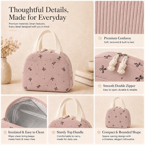 Rainbecom - Koeltas - Koeltassen 6.5 L - Lunchtas Dames en Kinderen - Geïsoleerde Lunch Bag met Voorvak - Corduroy - Paars met Strikjes van Rainbecom — afbeelding 5