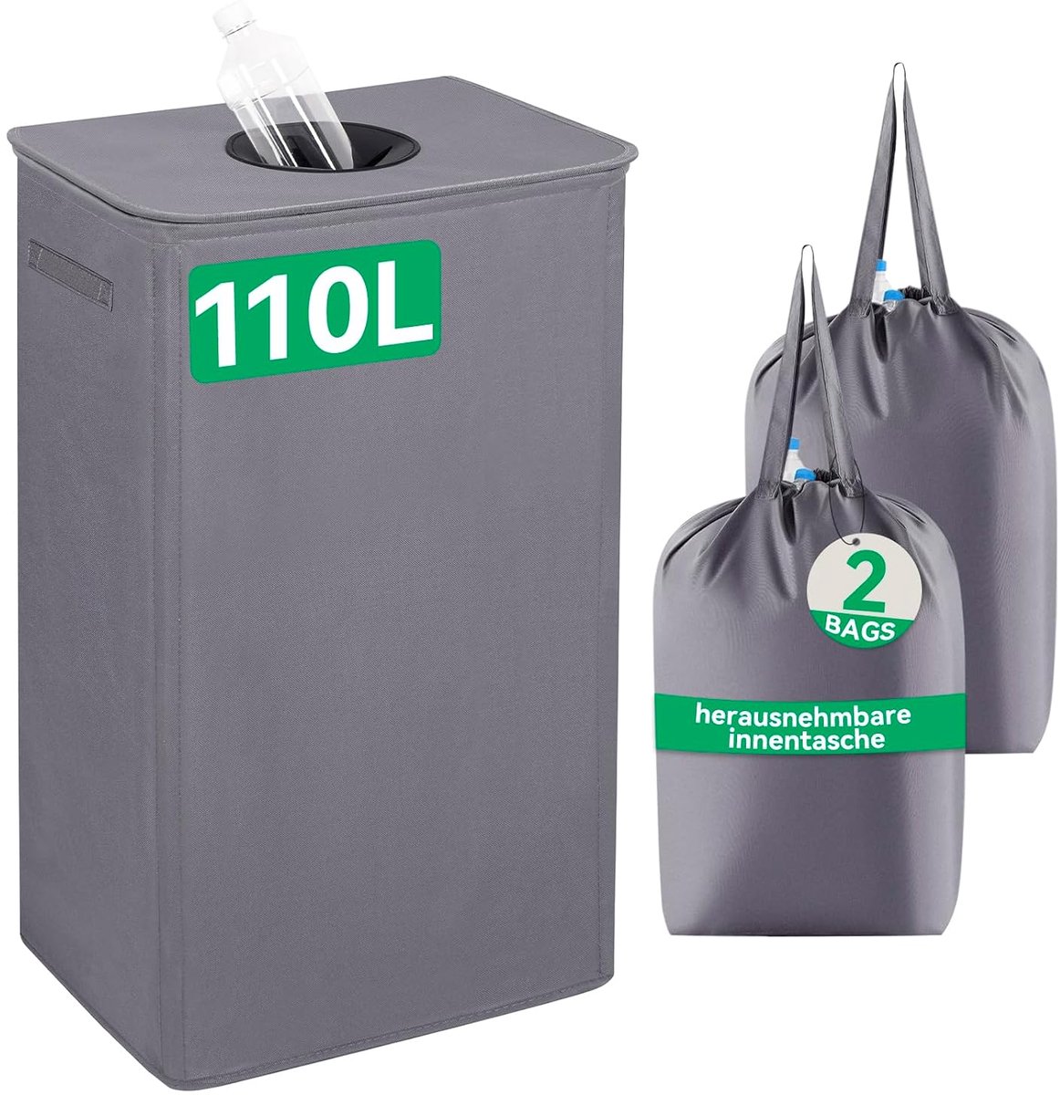 Flessenverzamelbak, 110 liter, flessenverzamelaar leeg, met deksel en 2 draagtas, flessenverzamelaar met gat, keuken, bergruimte, flessentas, grijs
