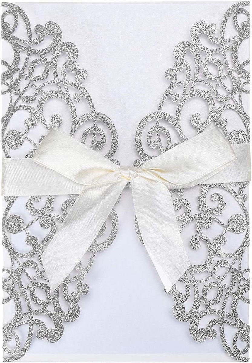 10 stuks 7.09 X 4.9 inch glitter bloemen laser gesneden bruiloft uitnodigingskaarten met envelop blanco binnenblad en lint voor bruiloft verloving bruids douche partij uitnodigen - zilver