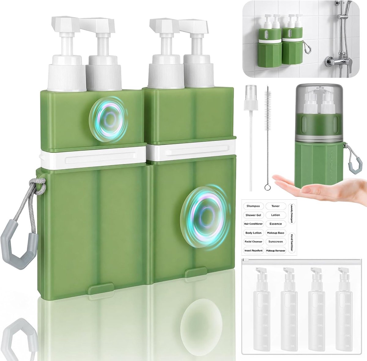 4-in-1 reisdispenser, navulbare reisflessenset, lekvrij, met zuignap voor gladde muren, reisflessen voor toiletartikelen, draagbaar voor zakenvluchten, reizen, sportschool (groen)