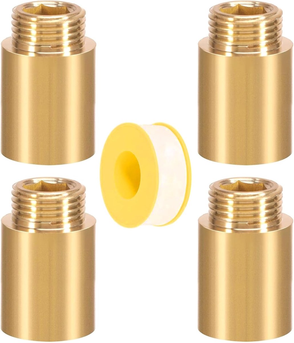 4 stuks messing kraanverlenging 1/2 inch x 30 mm, 1/2 inch IG x 1/2 inch AG, DN15 schroefdraadverlenging, 30 mm messing verlengfitting, schroefdraadfitting kraanverlenging voor kranen, hoekventielen