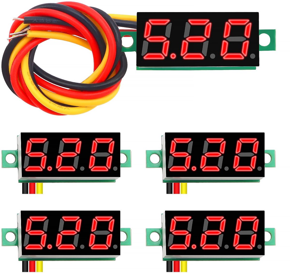 5 Stuks 0.28 Inch Mini Digitale Voltmeter, 0-100V Mini DC Voltmeter met Drie draden, Omgekeerde Polariteit Bescherming en Nauwkeurige Drukmeting (Rood)