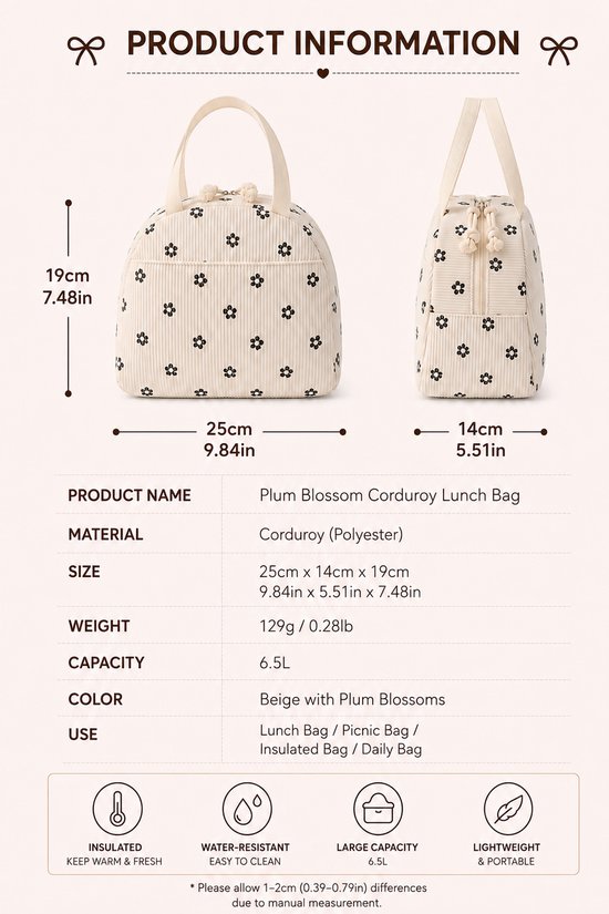 Rainbecom - Koeltas - Koeltassen 6.5 L - Lunchtas Dames en Kinderen - Geïsoleerde Lunch Bag met Voorvak - Corduroy - Beige met Bloemen van Rainbecom — afbeelding 2