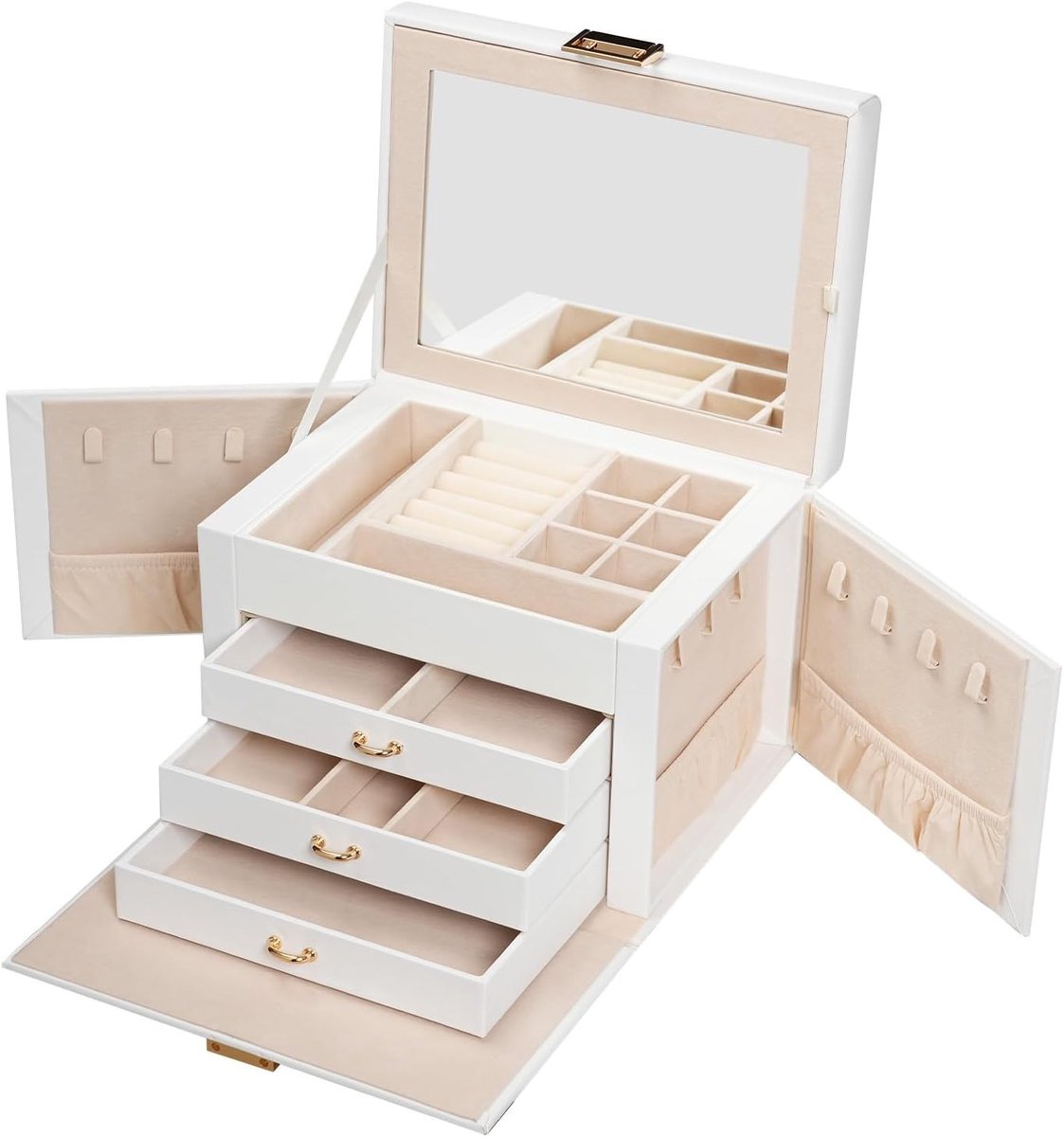 4-laagse Sieradenbox met 3 Lades, Draagbare Opbergdoos met Handvat en Sluiting, Organizer met Spiegel voor Kettingen, Ringen en Oorbellen, Wit