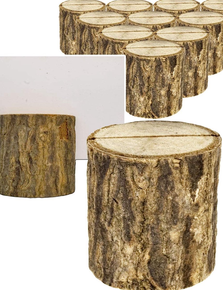Kaartenhouder, boomstammen, tafelstandaard, echt hout, 3,5 x 3 cm, set van 10 stuks