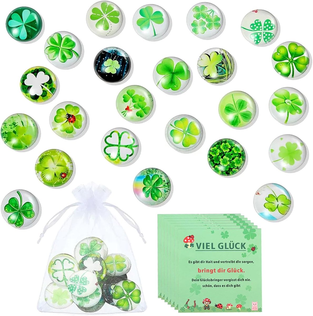 24 stuks geluksstenen, 25 mm, klavertje vier van gekleurd glas, geluksstenen, met 24 zakjes en 24 kaarten, tafeldecoratie en gastgeschenken
