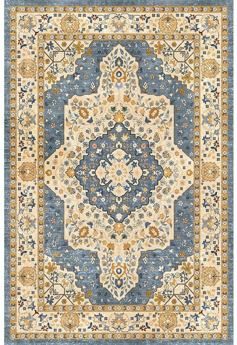 Omgoods - Vintage Vloerkleed voor Woonkamer - Machinewasbaar en Antislip (120x180 cm, Geel/Blauw)