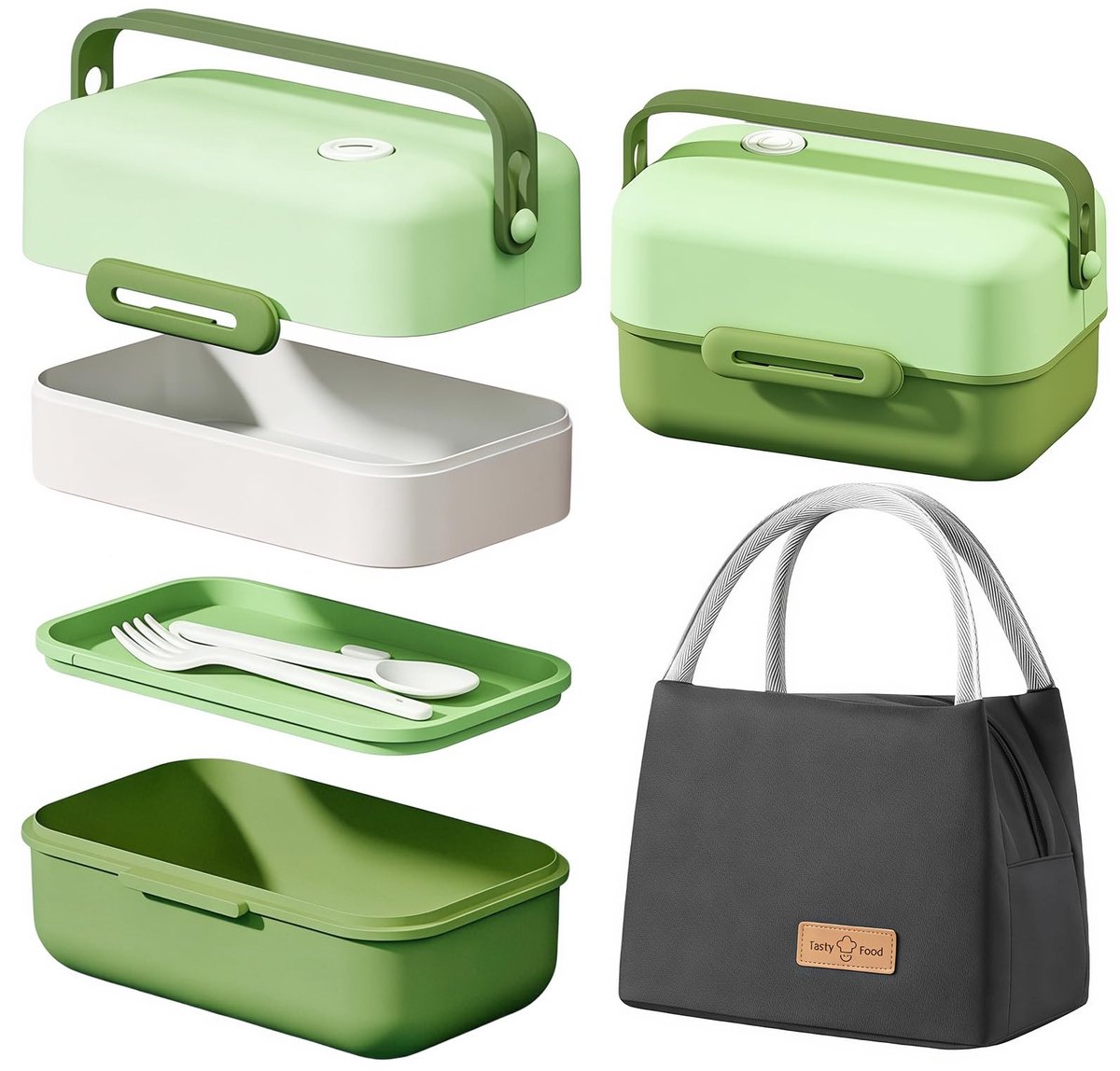 Omgoods - Groene Bento Box 1650 ml voor Volwassenen met Bestek en Thermoszak