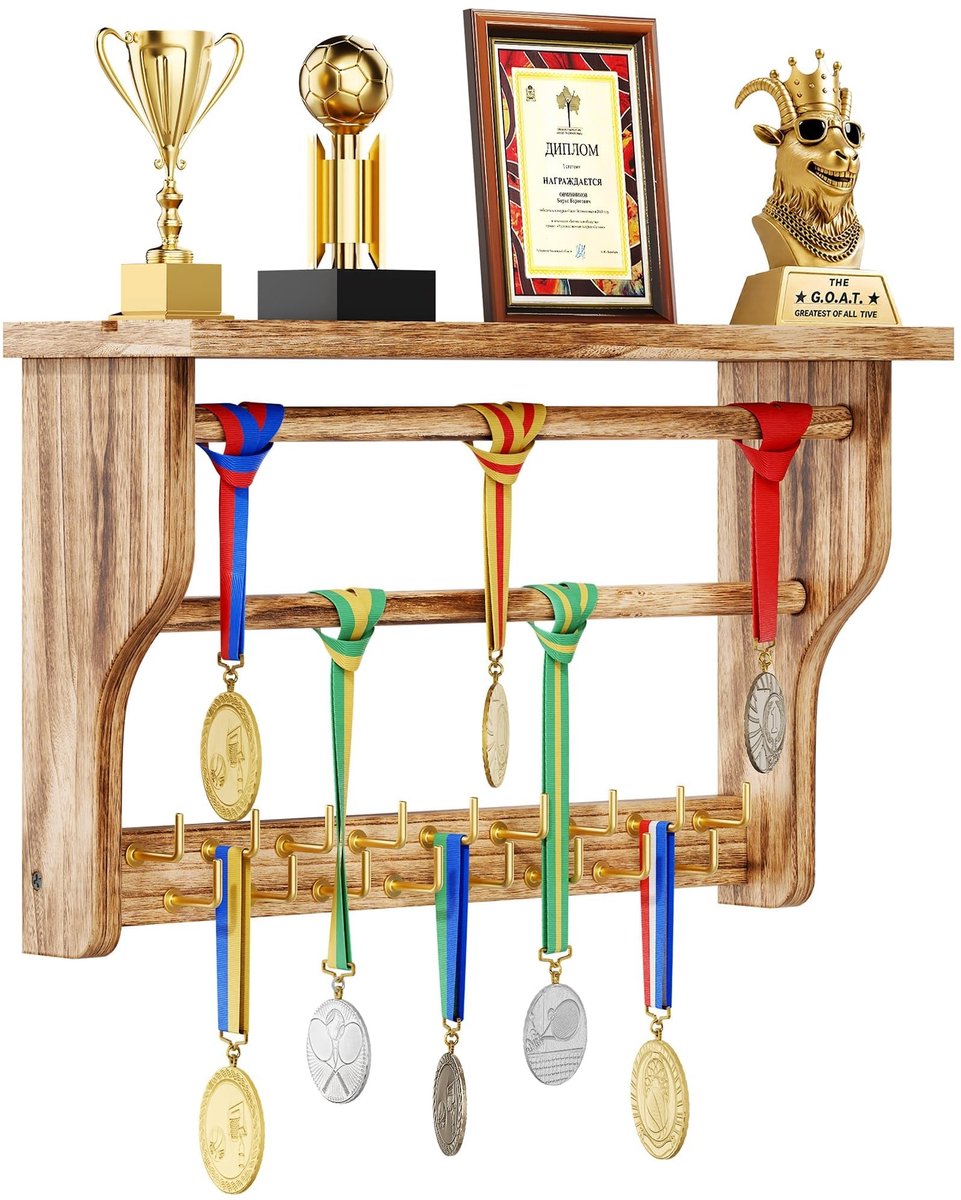 Omgoods - Medaille Hanger Display - 3-Tier Massief Houten Trofee Plank met Haken