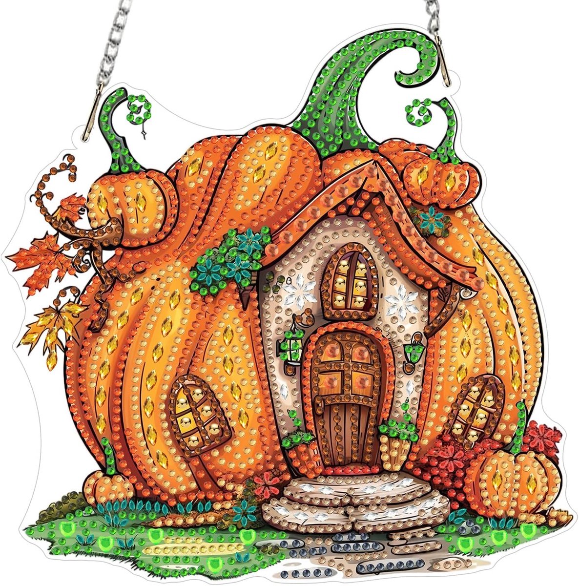 Halloween Diamond Painting hanger sets, huis pompoen diamant schilderij kunst hangend raam met ketting, volwassenen schilderij diamant hanger deur en raam decoratie cadeau 20x20cm