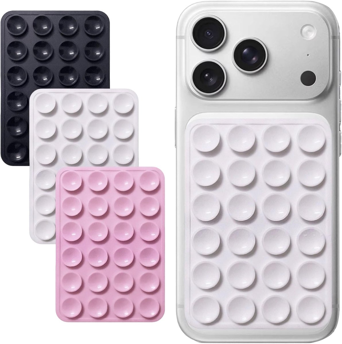 3 dubbelzijdige zuignaphouders van siliconen, voor mobiele telefoons, selfies, video's, zwart, wit, roze