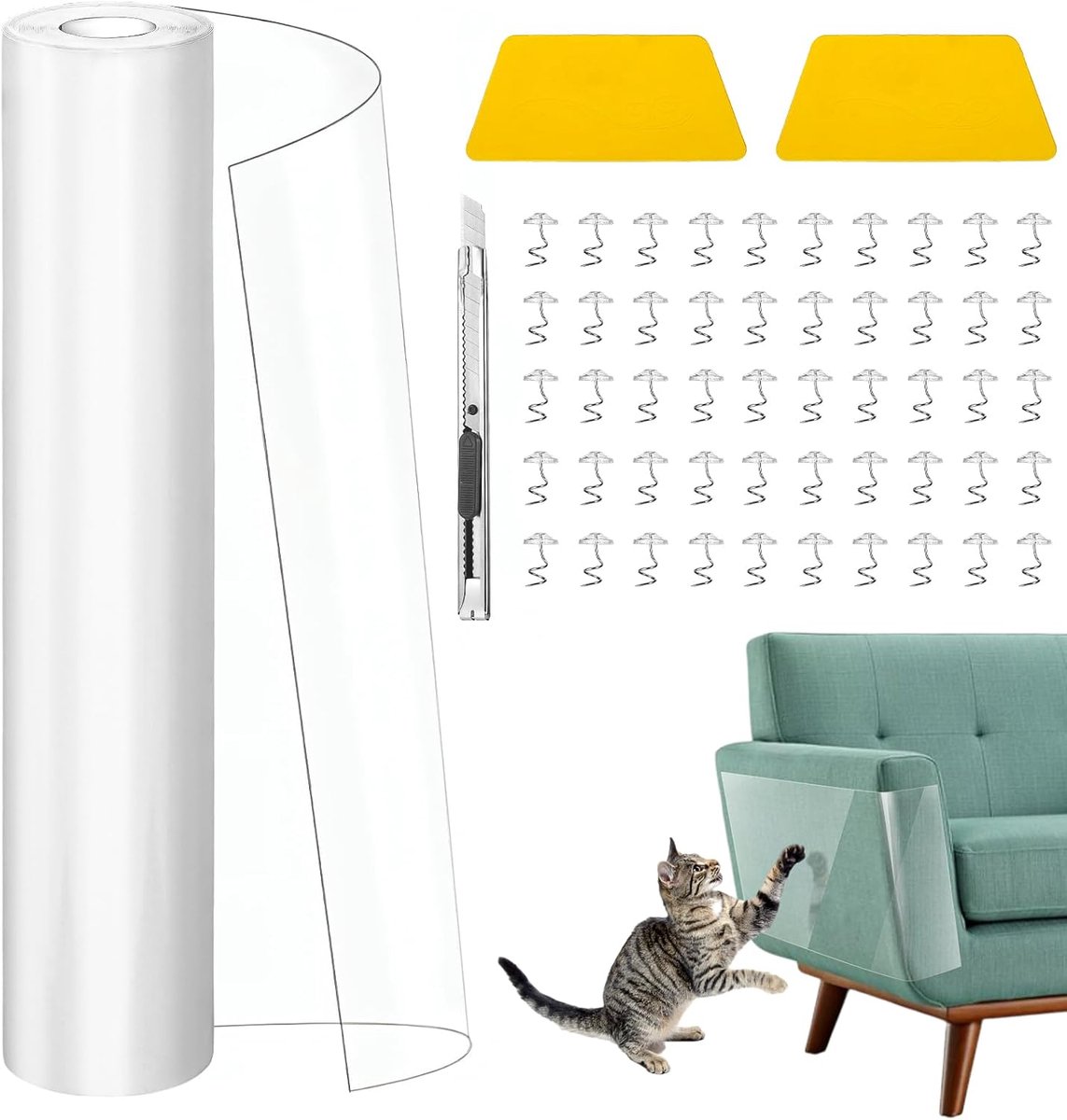 60 m bescherming voor bank, katten, krabset, 30 cm x 5 m, krasbestendig, katten bank, verdikt, transparant, bescherming voor deuren, krassen, honden, meubels, katten, zelfklevend
