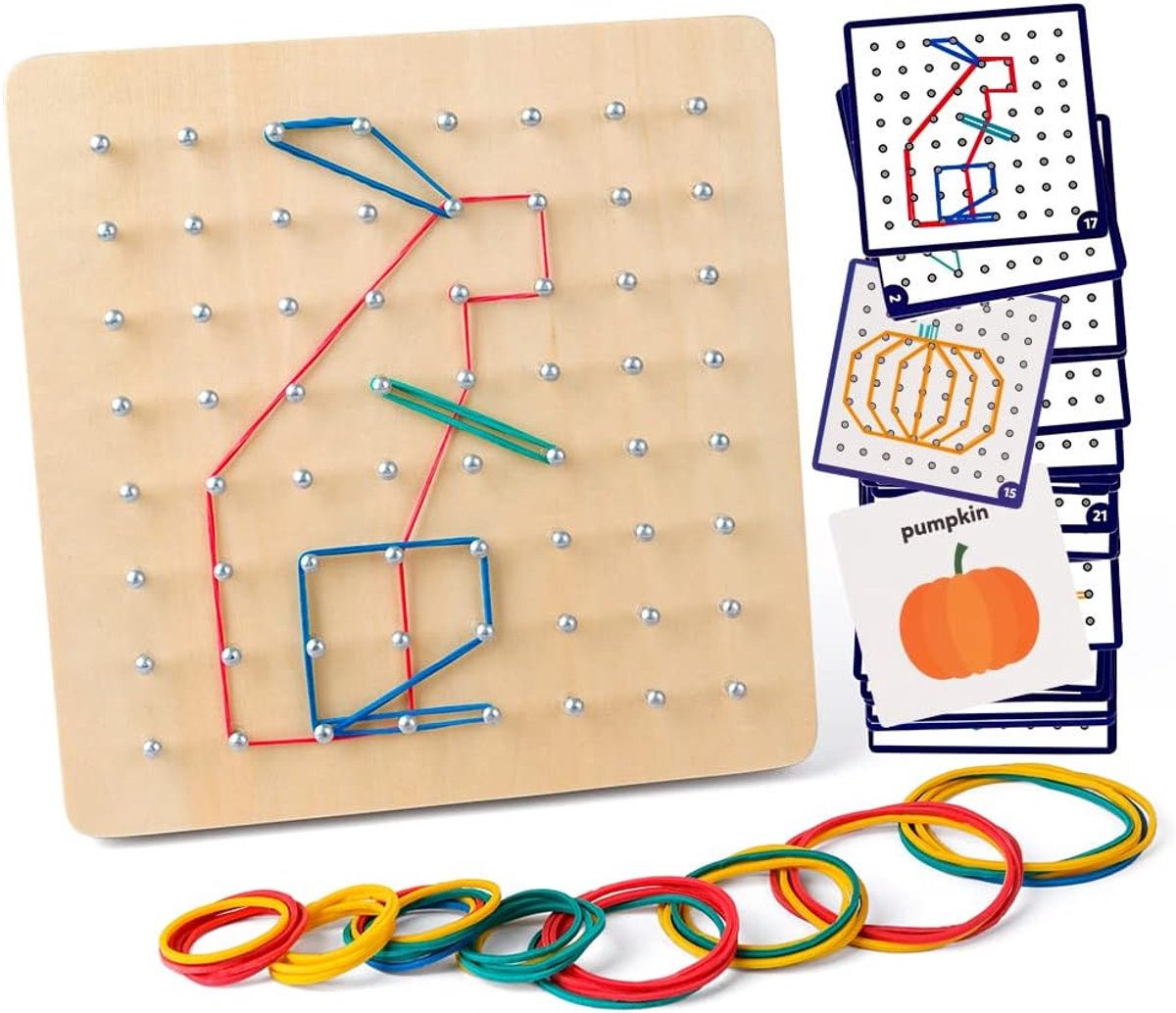 Houten Geoboard Mathematisch Grafisch Educatief Speelgoed met 30Pcs Patroon Kaarten en STEM Puzzel Matrix 8x8 Brain Teaser voor Kid