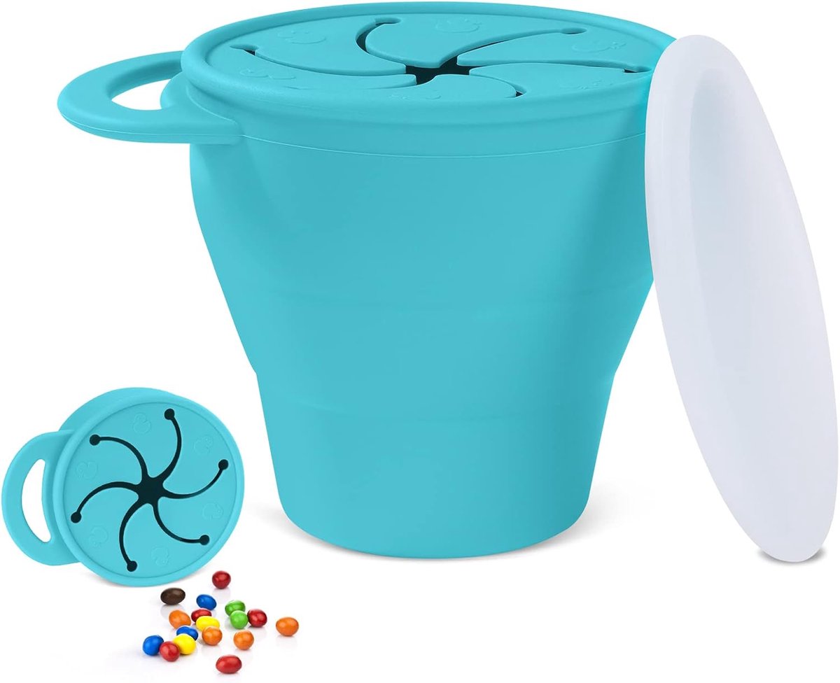 Opvouwbare siliconen snackbeker, snackbeker, siliconen snackbeker niet-mors, snackcatcher voedselbeker met deksel, snackpot voor peuter (blauw)
